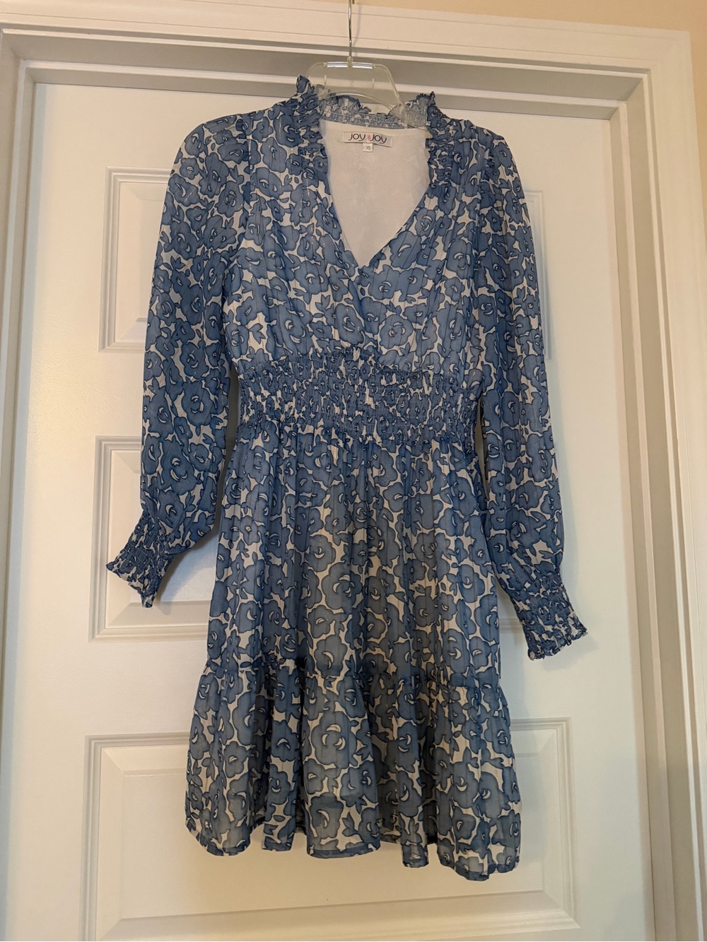 JOY JOY Blue Floral Smocked Waist Long Sleeve Dress